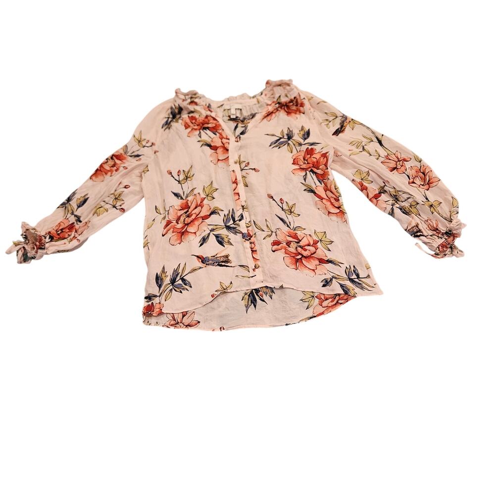 Joie XS 100% Silk Floral Blouse Pink Peasant Boho Ruffle Neck Tie Sleeve Top